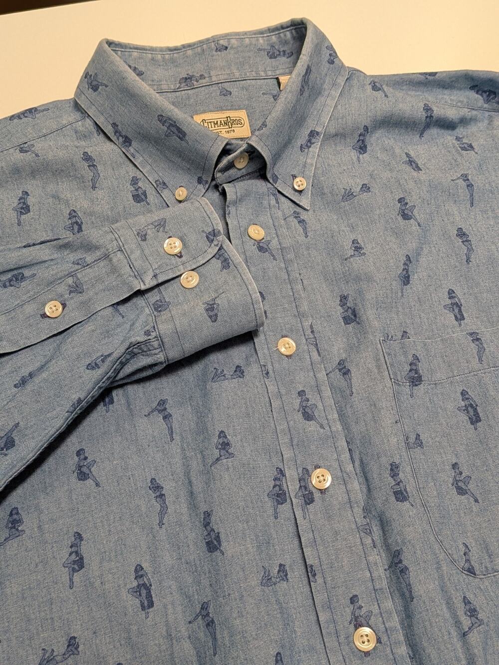 Gitman Bros RARE Button Down Shirt 2XL Pinup Sailor Girl AOP Vintage USA